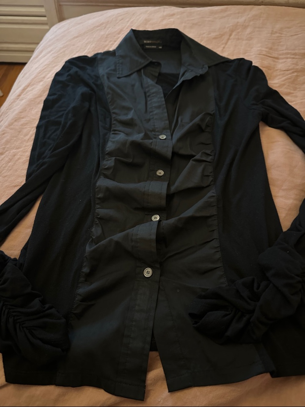 BCBGMaxAzria Black Ruffled Button-Down Top XXS -Y2K